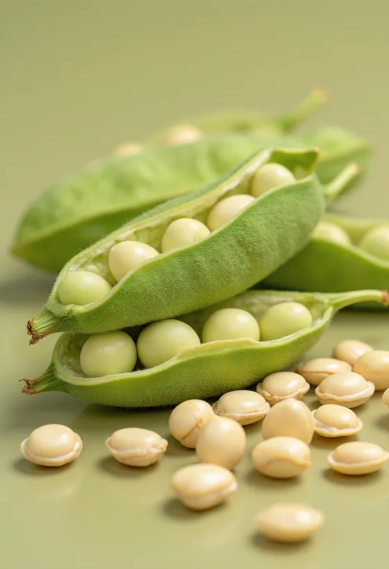 Soybeans in a ceramic bowl and scattered on a wooden table, with edamame pods and leaves