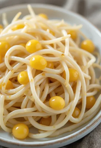 Fresh soybean sprouts on a white plate, crunchy sprout plant