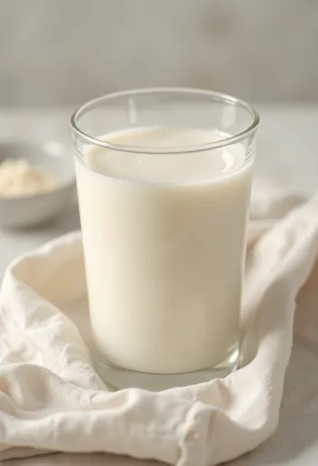 Soy milk poured into a glass, next to soybeans in a bowl and scattered on the counter