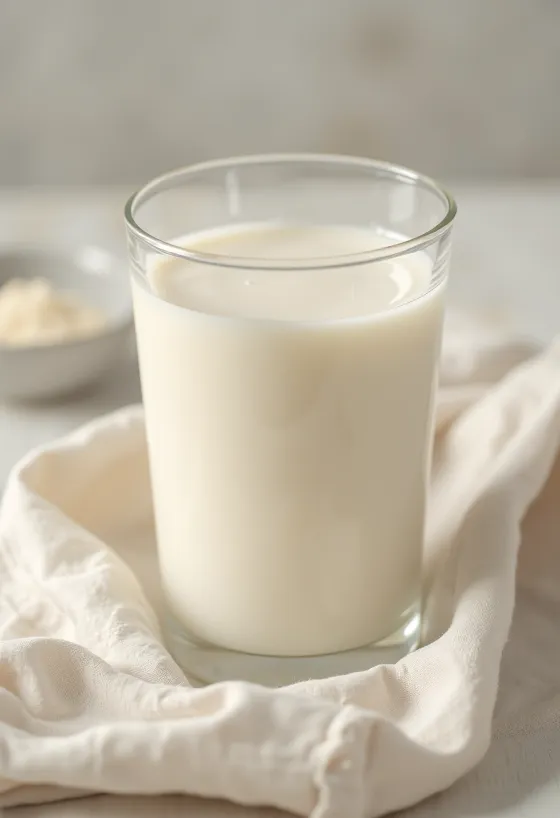Soy milk poured into a glass, next to soybeans in a bowl and scattered on the counter