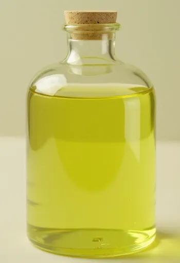 Grapeseed oil in a clear glass bottle and small bowl on a light background