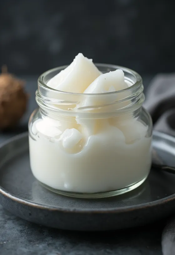 Virgin coconut oil in a glass bowl, surrounded by fresh coconut meat pieces