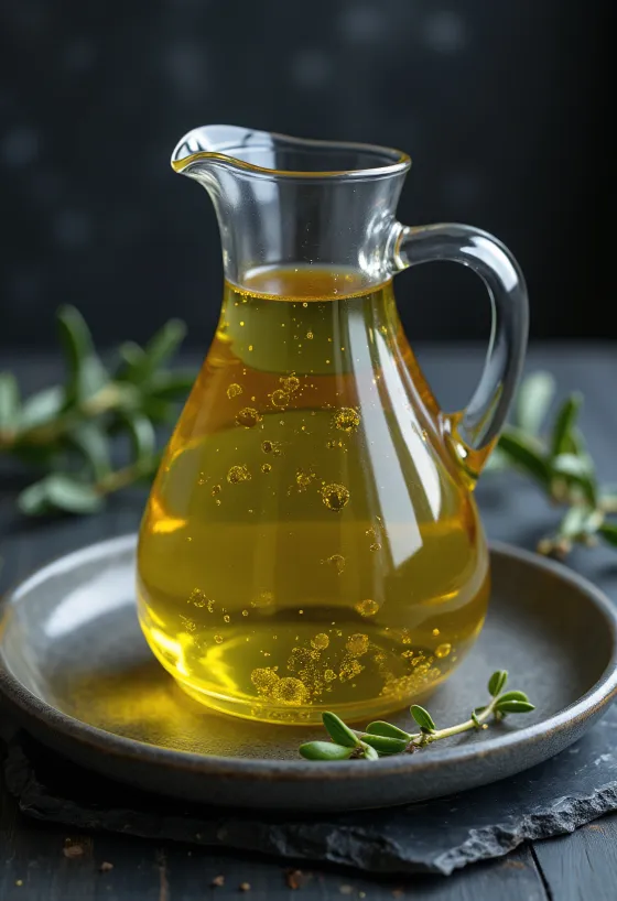 Virgin olive oil in a small glass bowl, golden yellow color, decorated with olives and leaf