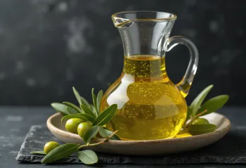 Virgin olive oil in a small glass bowl, golden yellow color, decorated with olives and leaf