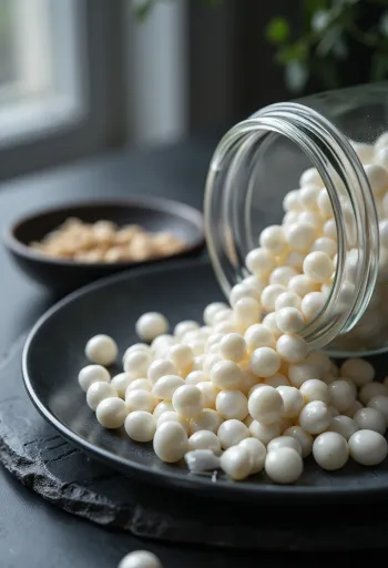 Tapioca pearls in a ceramic bowl, scattered on wooden surface