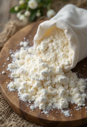 Fine tapioca flour in bowl and spoon, on light surface
