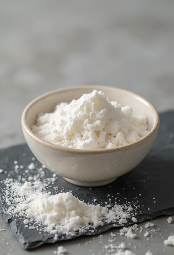 Tapioca starch in a bowl and spilled on a kitchen surface with a wooden spoon