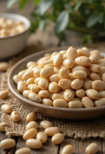 Dried tarwi (Andean lupin) seeds, with detailed texture and natural colors