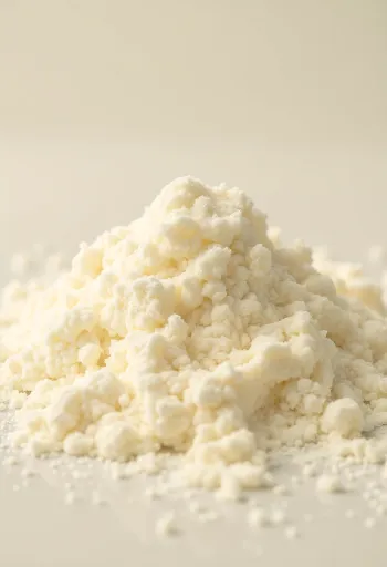 Milk powder in a rustic bowl with a wooden spoon and scattered powder on a wooden surface