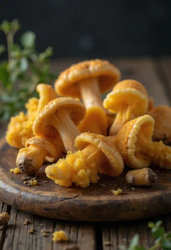 Cleaned, sliced Velvet Shank mushrooms on a wooden cutting board