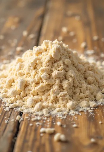 Whole wheat flour in a rustic bowl, scattered on a wooden surface