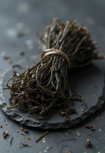 Dried arame seaweed, with detailed texture and natural colors