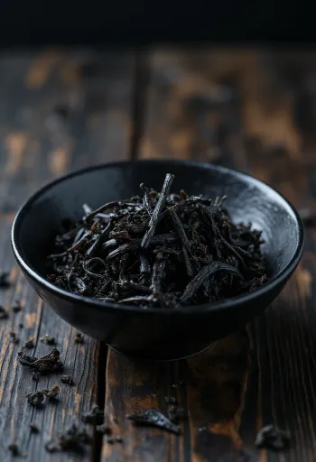 Dried hijiki seaweed featuring detailed texture and natural dark colors