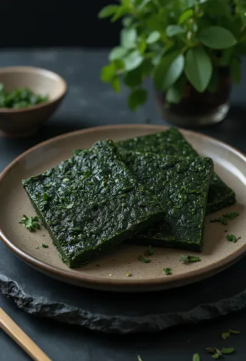 Dried nori seaweed sheets with detailed texture and vibrant green color