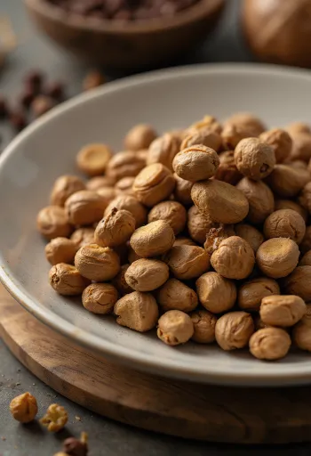 Peeled tiger nuts in a rustic bowl on a kitchen counter