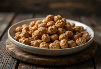 Peeled tiger nuts (chufa) in a pile on a white background, in natural state