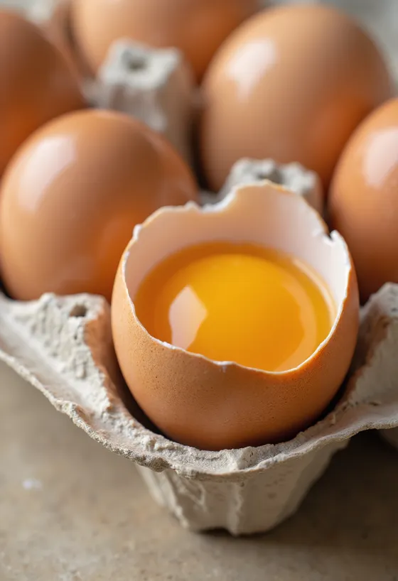Cracked raw eggs, yolk and white on a wooden board