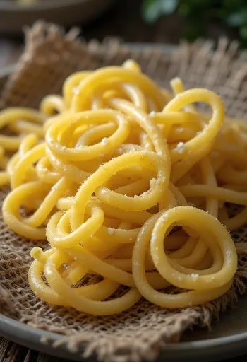 Dry egg noodles in a rustic ceramic bowl on a wooden surface