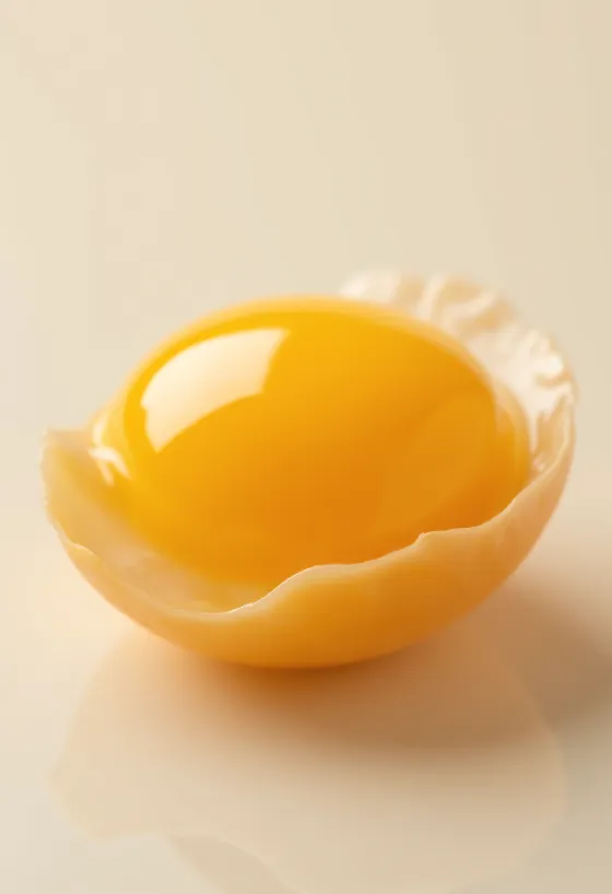 Separated raw egg yolks in a glass bowl and on a wooden surface