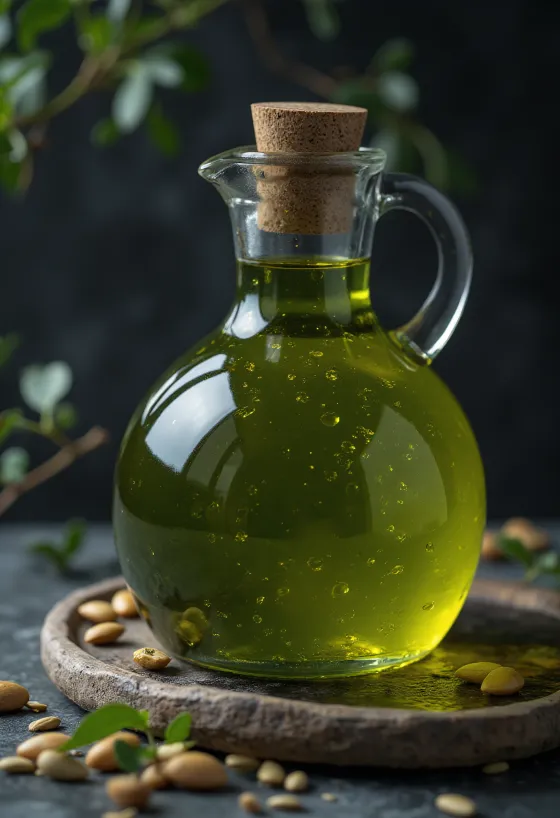 Dark green pumpkin seed oil in a small bowl, next to whole pumpkin seeds