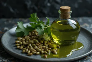 Dark green pumpkin seed oil in a small bowl, next to whole pumpkin seeds