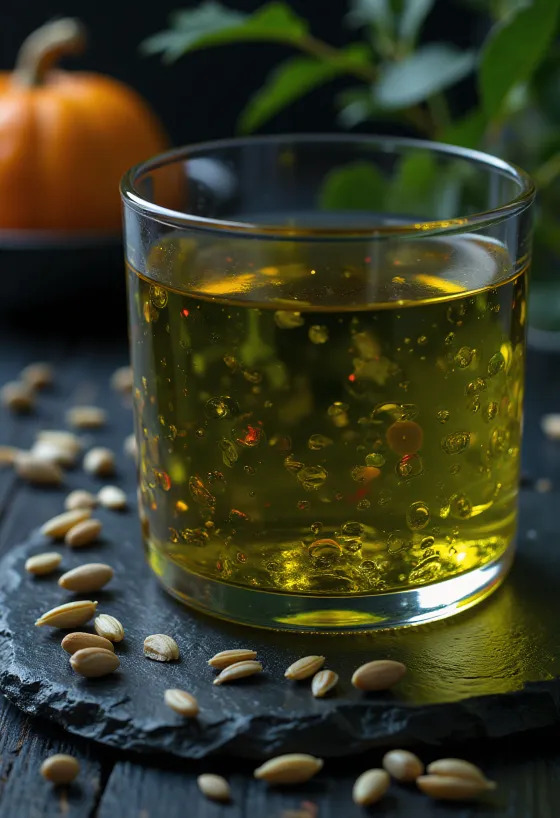 Pumpkin seed oil from hull-less seeds in a small bowl with green hulled pumpkin seeds