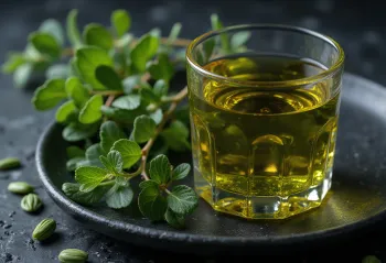 Pumpkin seed oil from hull-less seeds in a small bowl with green hulled pumpkin seeds