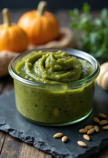 Creamy pumpkin seed butter in a jar, next to hulled pumpkin seeds on a rustic wooden surface