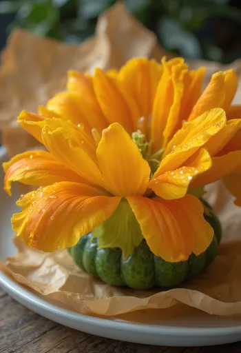 Fresh male squash blossoms on a white plate, prepared for culinary use