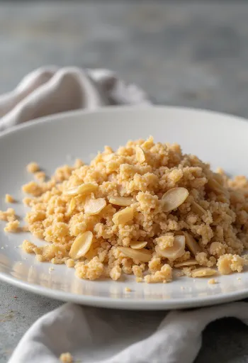 Spelt bran in ceramic bowl and scattered on wooden kitchen surface