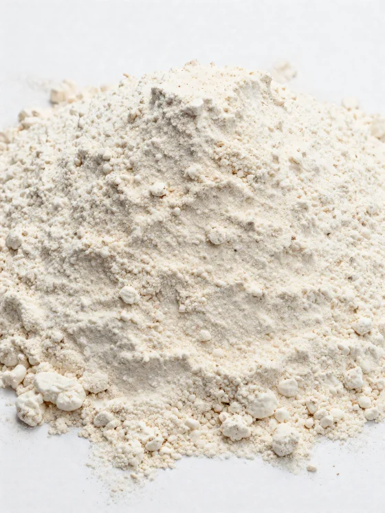 Spelt flour in a ceramic bowl, natural, light brown shade