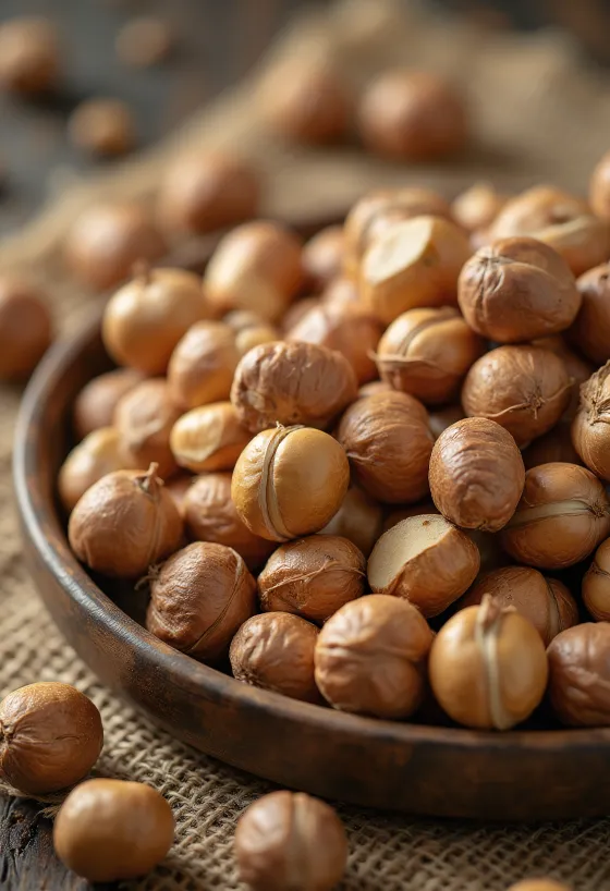 Shelled Turkish hazelnuts arranged in a pile on a white background, partially halved