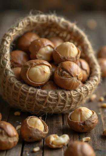 Peeled hazelnuts in a rustic bowl on a wooden surface