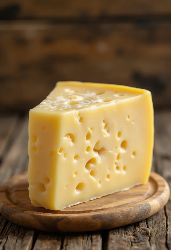 Fresh Trappist cheese in a white ceramic bowl, on a wooden table
