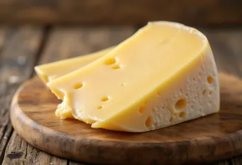 Fresh Trappist cheese in a white ceramic bowl, on a wooden table