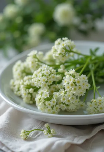 Chervil flower clusters on a white plate prepared for culinary use
