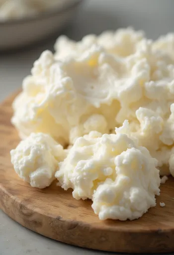 Fresh curd cheese in a ceramic bowl, crumbly dairy product with a wooden spoon