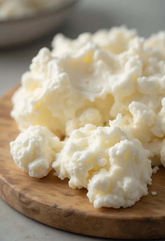 Fresh curd cheese in a ceramic bowl, crumbly dairy product with a wooden spoon