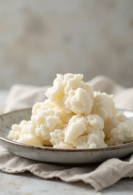 Fresh, white farmer cheese in a ceramic bowl on a wooden surface