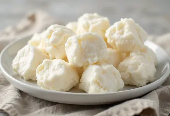 Fresh, white farmer cheese in a ceramic bowl on a wooden surface