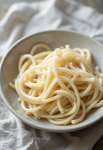 Dry udon noodles in a rustic bowl on a wooden surface, natural light