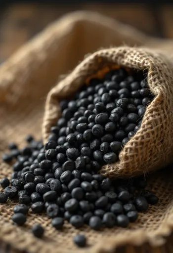 Dried urad dal (black gram) beans, detailed texture and natural dark color