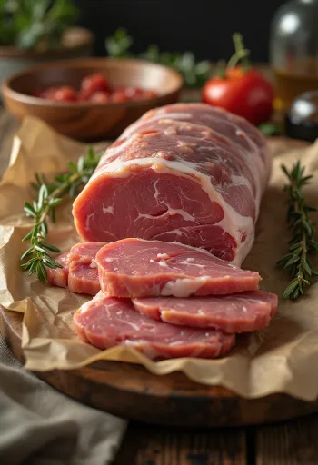 Raw wild boar loin slices on a wooden cutting board with spices