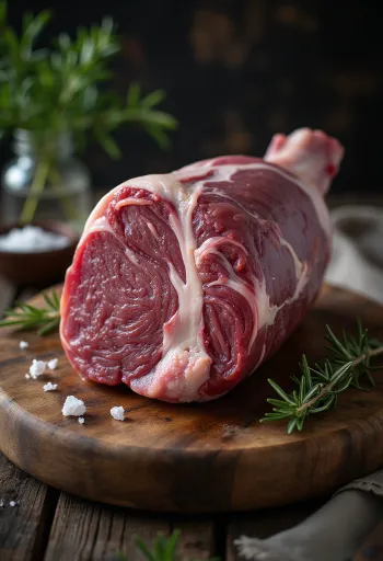Raw wild boar haunch meat with spices on a wooden cutting board