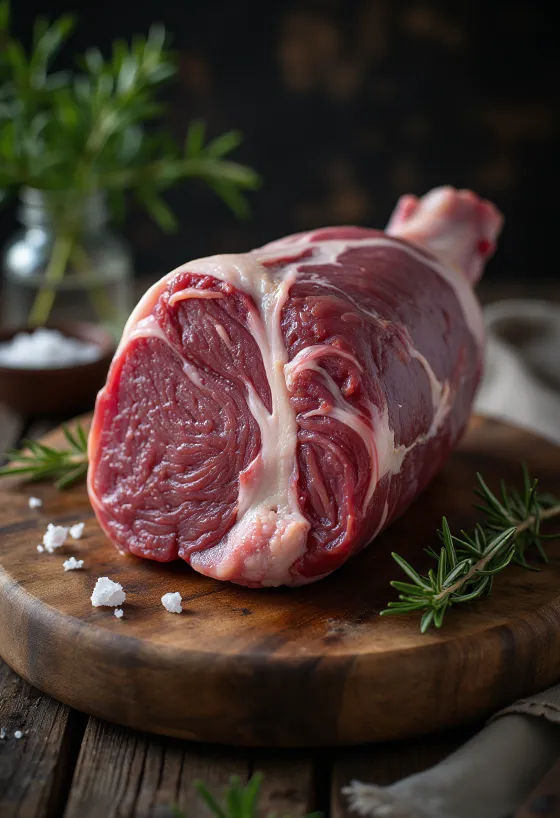 Raw wild boar haunch meat with spices on a wooden cutting board