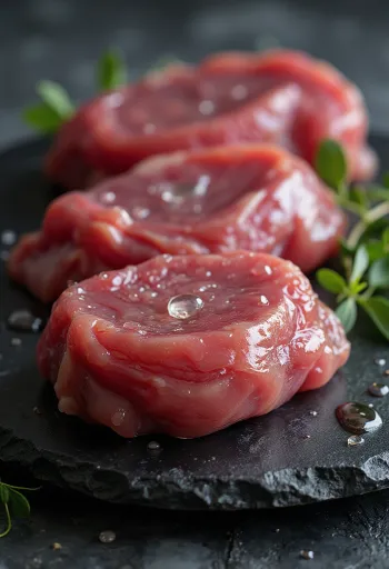 Raw wild duck meat filleted with spices on a wooden cutting board