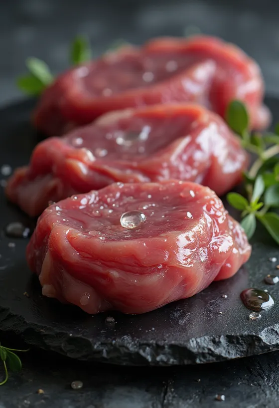 Raw wild duck meat filleted with spices on a wooden cutting board