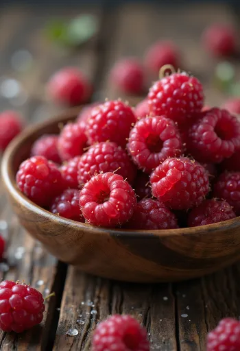 Fresh wild raspberry fruits whole and cut for documentation purposes