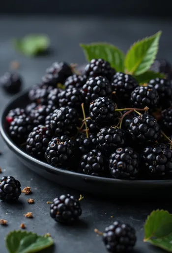 Fresh wild blackberry berries in dark color, cut and whole on a neutral surface