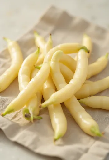 Fresh wax beans with yellow pods, partly cut on a cutting board